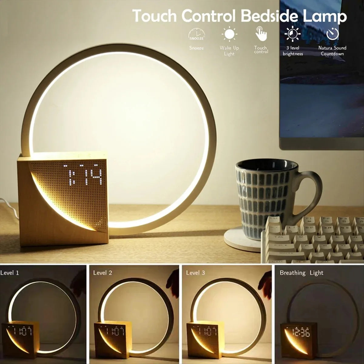 Wake up Night Light with Alarm Clock Touch Table Lamp 3 Levels Dimmable White Noise Sleep Lamp for Kids Bedroom Home Decor